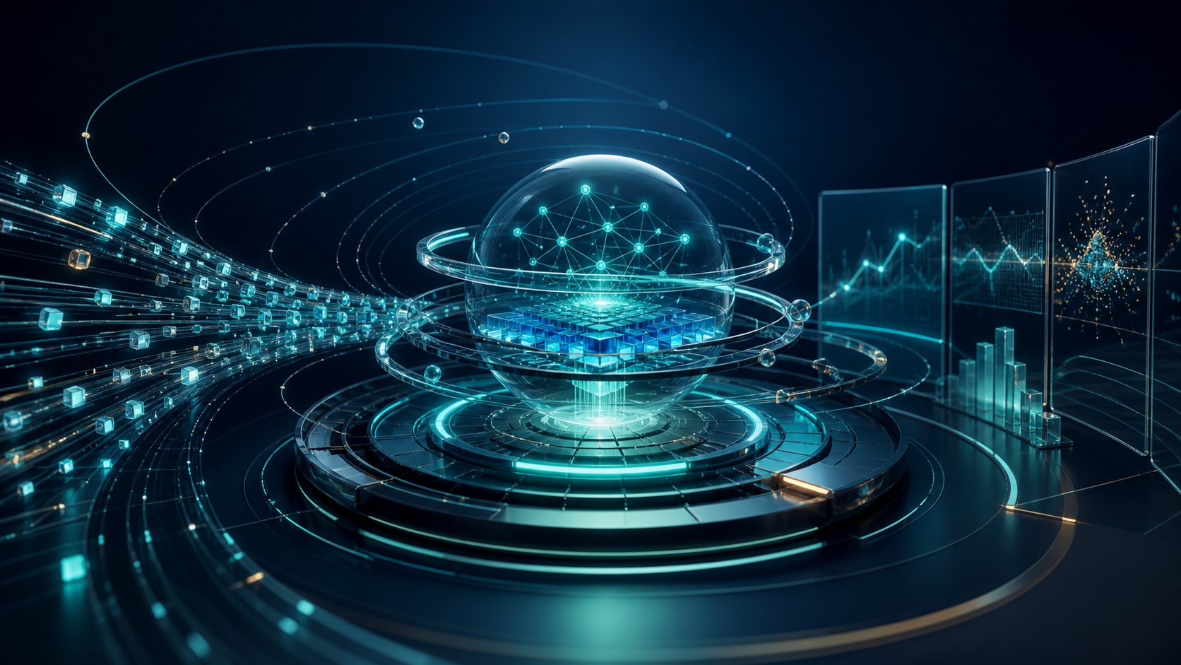 AI for SAP Finance visualized as transaction, forecasting and anomaly signals converging into a governed analytical core