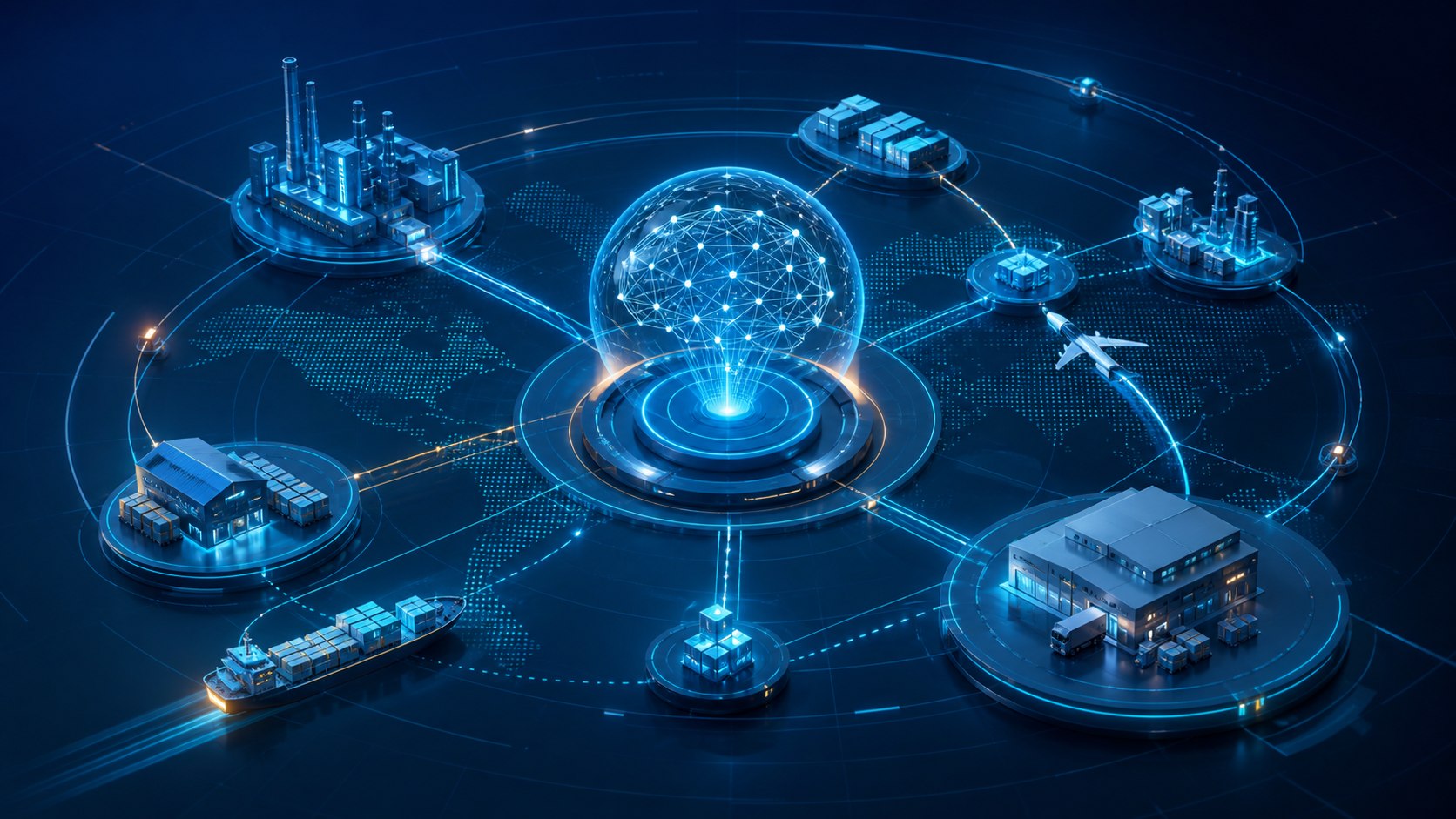 AI for SAP supply chains visualized as a connected supply network coordinated by predictive intelligence