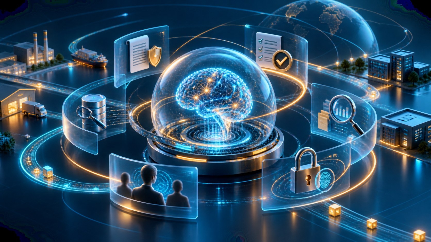 AI governance for SAP visualized as an intelligent core surrounded by policy, audit and oversight rings