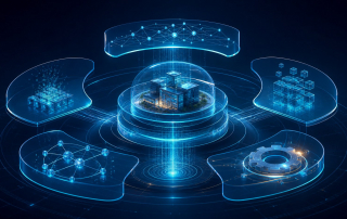 SAP Business Technology Platform visualized as connected layers for data, integration, development, automation and AI