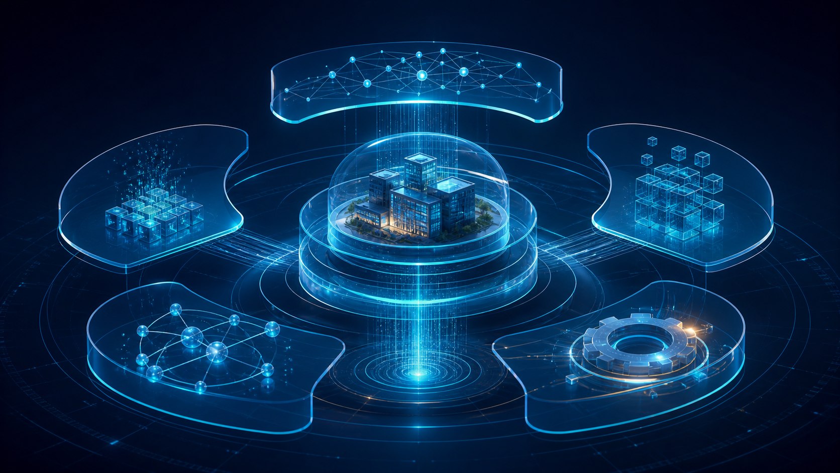 SAP Business Technology Platform visualized as connected layers for data, integration, development, automation and AI