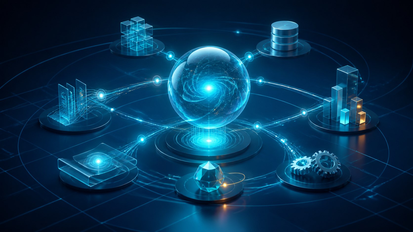 SAP Business AI and Joule visualized as an intelligent reasoning core connected to governed business context