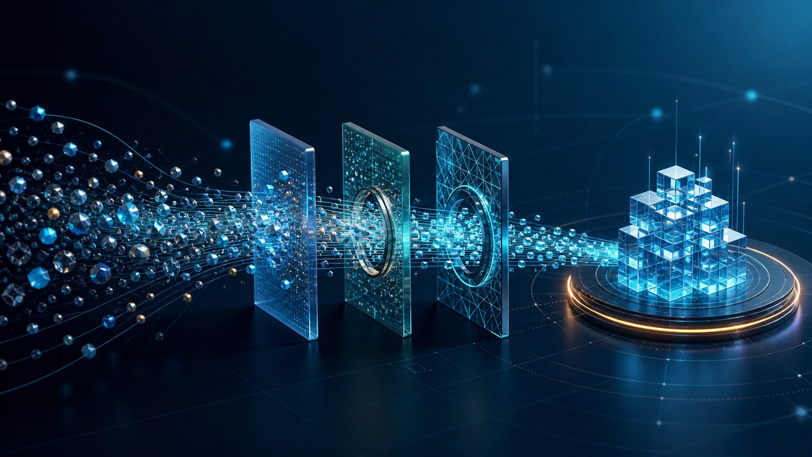 SAP data migration and reconciliation visualized as data passing through cleansing, validation and trust gates