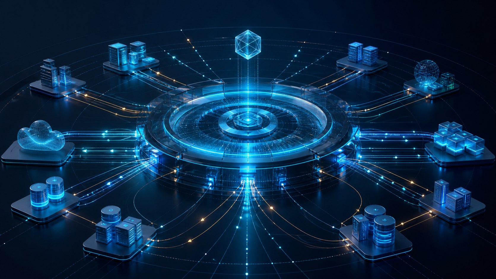 SAP Integration Suite visualized as governed enterprise systems and data streams joining through an integration hub