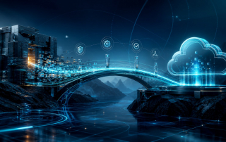 SAP system migration visualized as a legacy landscape crossing a governed bridge into a modern cloud environment