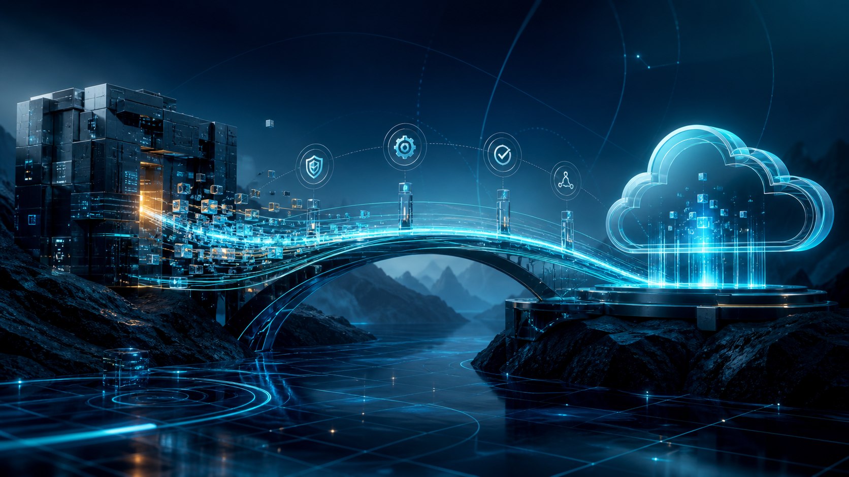 SAP system migration visualized as a legacy landscape crossing a governed bridge into a modern cloud environment