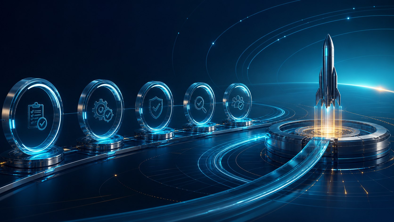 SAP testing and cutover visualized as a transformation passing synchronized checkpoints toward a controlled launch
